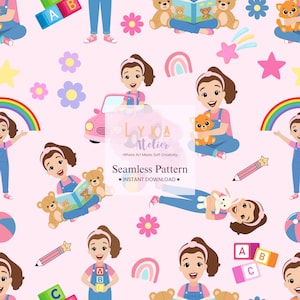 May include: Seamless pattern featuring a repeating design of a girl with a brown ponytail, teddy bears, rainbows, flowers, and ABC blocks on a light pink background. The text "Seamless Pattern" and "INSTANT DOWNLOAD" are also visible.