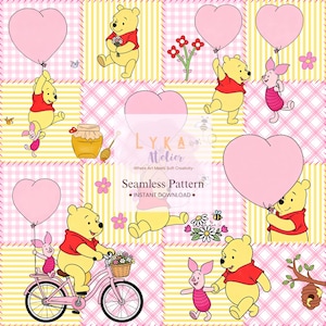 May include: Seamless pattern featuring Winnie the Pooh and Piglet with pink heart balloons, flowers, and a bicycle. The design includes the text "Seamless Pattern - Instant Download" on a patchwork background of yellow and pink.