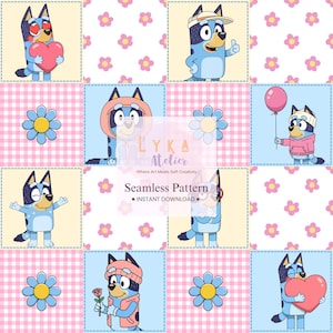 Op de afbeelding: Een naadloos patroon met stripfiguren in verschillende poses, tegen een patchwork van lichtblauwe, roze ruitjes en bloemenachtergronden. De karakters zijn blauw met zwarte accenten. De tekst "Seamless Pattern" en "Instant Download" zijn ook zichtbaar.