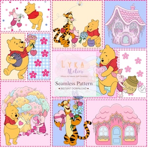 Diseño sin costuras de oso rosa, papel pintado infantil de patchwork, tela con estampado de jardín de dibujos animados (descarga digital)