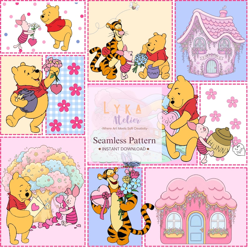 Pink Bear Seamless Pattern, Patchwork Nursery Wallpaper, Cartoon Garden Fabric (Digital Download)