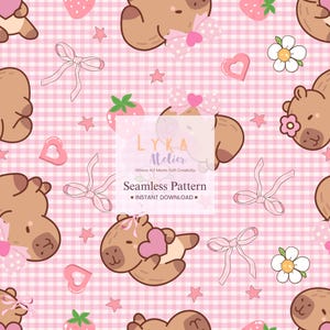 May include: A seamless pattern with cartoon bears, bows, hearts, strawberries, and flowers on a pink gingham background. The text "LYKA Atelier" and "Seamless Pattern" is visible. Instant download.
