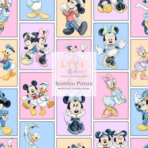 May include: Seamless pattern featuring cartoon characters Mickey Mouse, Minnie Mouse, Donald Duck, and Daisy Duck in sailor outfits. The design includes a pink and blue color scheme with the text "LYKA Atelier" and "Seamless Pattern - INSTANT DOWNLOAD."