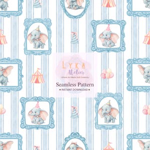 Puede incluir: Patrón sin costuras con elefantes bebés en marcos azules, carpas de circo y globos sobre un fondo a rayas. El patrón incluye el texto "LYKA Atelier" y "Seamless Pattern - Instant Download."