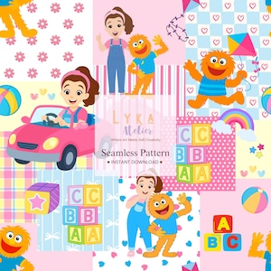 May include: A vibrant seamless pattern with cartoon characters, toys, and the text "Seamless Pattern - Instant Download." The design includes a pink car, alphabet blocks, a rainbow, and a kite, with a variety of pastel backgrounds.