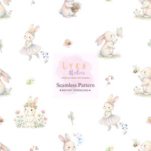 以下が含まれることがあります： 愛らしいウサギ、ミツバチ、蝶、花をあしらった水彩シームレスパターン。ウサギは様々なポーズで描かれており、花かごを持ったり、蝶と触れ合ったりしています。パターンには「LYKA Atelier」と「Seamless Pattern」の文字が含まれています。