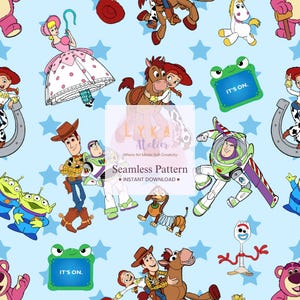 May include: Seamless pattern featuring various characters from the Toy Story franchise, including Woody, Buzz Lightyear, and Bo Peep, set against a light blue background with star shapes. The text "IT'S ON." is visible on a green frog-shaped sign.