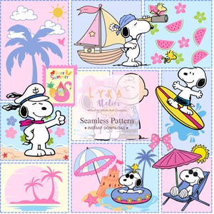 Cartoon Hund Sommer Muster, Strand Urlaub Thema, Kinder Stoff Druck (Digitaler Download)
