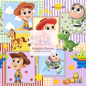 May include: A colorful seamless pattern featuring cartoon characters, including a cowboy, a space ranger, a cowgirl, a green dinosaur, and an alien. The design includes stars, planets, and text that reads "Seamless Pattern" and "INSTANT DOWNLOAD."