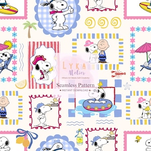 May include: A seamless pattern featuring Snoopy in various beach-themed scenes. The design includes Snoopy with a telescope, on a surfboard, and in a floatie. The pattern has a light background with blue, pink, and yellow accents. Text reads "Seamless Pattern" and "Instant Download."