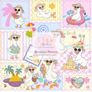 Goose Summer Beach Seamless Pattern, Tropical Duck Digital Paper, Nursery Fabric (Digital Download)