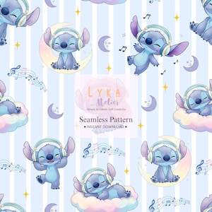 May include: Seamless pattern featuring a blue cartoon character with large ears wearing headphones, set against a light blue striped background. The character is depicted on moons and clouds, with musical notes and stars. The text "LYKA Atelier" and "Seamless Pattern" are also visible.