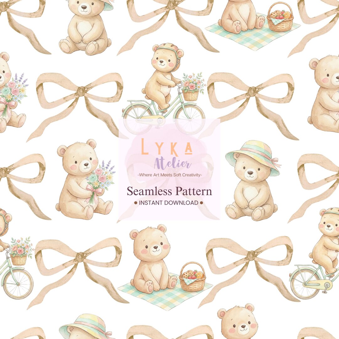 Teddy Bear Seamless Pattern, Watercolor Bow Nursery Digital Paper ...