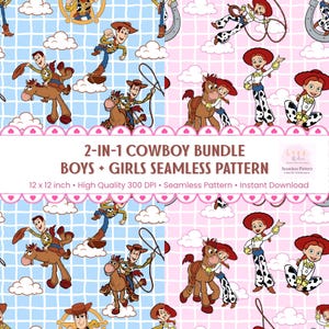 May include: Seamless pattern featuring cartoon cowboys and cowgirls, horses, and clouds. The design includes the text "2-IN-1 COWBOY BUNDLE BOYS + GIRLS SEAMLESS PATTERN". The pattern is 12 x 12 inches.