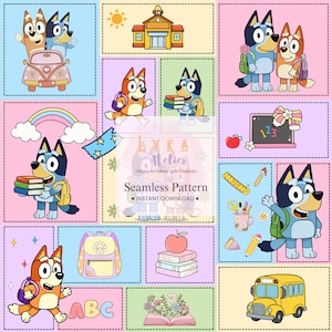 May include: A colorful seamless pattern featuring cartoon dogs with backpacks, books, and school supplies. The design includes a schoolhouse, a rainbow, and the text "ABC". The pattern is set against pastel backgrounds.