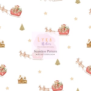 Christmas Bear Sleigh Seamless Pattern, Reindeer Nursery Fabric (Digital Download)