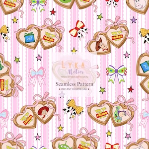 May include: Seamless pattern featuring heart-shaped lockets with character illustrations and the text "You've Got a Friend in Me." The design includes bows, stars, and vertical stripes in pink and other colors. "Instant Download" text is also present.