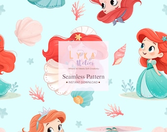 Motivo senza cuciture con sirena, illustrazione di principessa del mare, carta digitale per la cameretta dei bambini (download digitale)