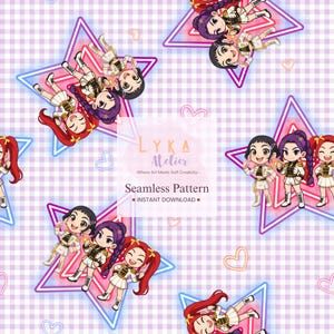 May include: Seamless pattern featuring cartoon characters in white and gold outfits, set against a pink and white checkered background. The characters are inside neon star shapes. The text "LYKA Atelier" and "Seamless Pattern" are also visible.