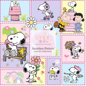 Patrón floral sin costuras de perro rosa de dibujos animados, patchwork de margaritas primaverales, tela para guardería (descarga digital)