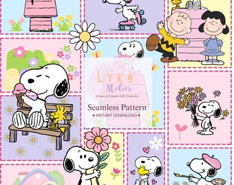 Pink Cartoon Dog Floral Seamless Pattern, Spring Daisy Patchwork, Nursery Fabric (Digital Download)
