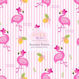 May include: Seamless pattern featuring pink flamingos with bows, yellow lemons, and green leaves on a pink and white striped background. The text "Seamless Pattern" and "Instant Download" are also included.