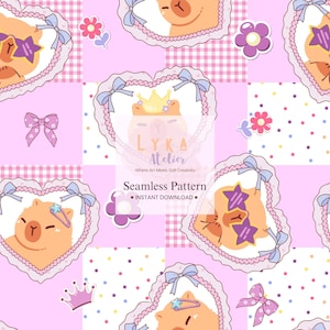 May include: Seamless pattern featuring cartoon llamas in heart-shaped frames with bows and lace trim. The design includes flowers, crowns, and the text "Seamless Pattern - Instant Download" on a pink and checkered background.
