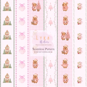 Nahtloses Capybara-Weihnachtsmuster, rosa Vichy-Karo-Patchwork, Kinderzimmerstoff (Digitaler Download)