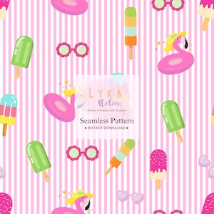 Puede incluir: Patrón sin costuras con rayas rosas y blancas, con ilustraciones de flotadores de piscina de flamenco rosa, gafas de sol y helados de colores. También se incluye el texto "Seamless Pattern" y "Instant Download".