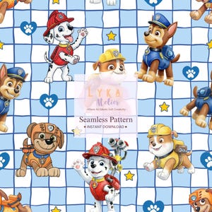 May include: A seamless pattern featuring cartoon dogs in uniforms, set against a light blue checkered background with paw prints and stars. The text "Seamless Pattern" and "Instant Download" are visible.