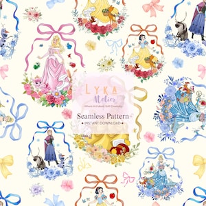 May include: A seamless pattern featuring watercolor illustrations of Disney princesses, including Aurora, Snow White, and Cinderella, surrounded by floral wreaths and ribbons. The design includes the text "Seamless Pattern" and "Instant Download."
