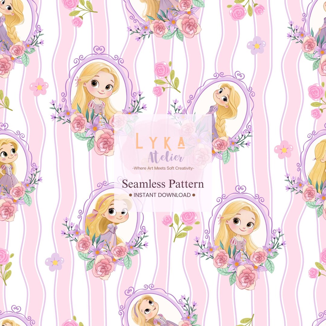 Purple Princess Seamless Pattern, Floral Girl Illustration, Nursery ...