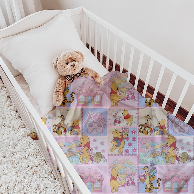 Pink Bear Seamless Pattern, Patchwork Nursery Wallpaper, Cartoon Garden Fabric (Digital Download)