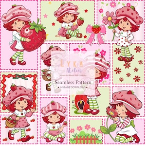 May include: A seamless pattern featuring Strawberry Shortcake characters in various poses. The design includes pink, red, and green elements, with the text "Seamless Pattern" and "Instant Download".