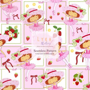 May include: A repeating pattern with a ballerina wearing a strawberry-themed hat and tutu, set against a pink and white backdrop. Strawberries and bows are scattered throughout the design. The text "Seamless Pattern" is also visible. The overall theme is cute and playful.