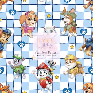 May include: Seamless pattern featuring cartoon characters from a popular animated series. The design includes various characters in action poses, set against a blue and white checkered background with paw prints and stars. The text "Seamless Pattern" is also included.