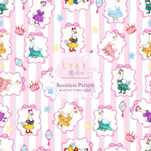 Princess Goose Seamless Pattern, Pink Stripe Fairytale Nursery Fabric (Digital Download)