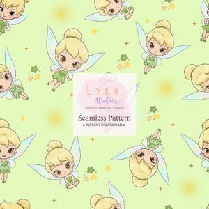 Op de afbeelding: Naadloos patroon met cartoonfeeën met blond haar, groene jurken en doorschijnende vleugels, tegen een lichtgroene achtergrond met sterren en bloemen. De tekst luidt "Seamless Pattern" en "Instant Download".