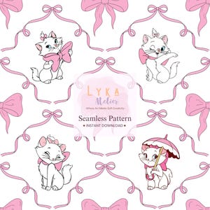 May include: Seamless pattern featuring white cartoon kittens with pink bows and ribbons on a white background. The design includes the text "LYKA Atelier" and "Seamless Pattern - Instant Download."