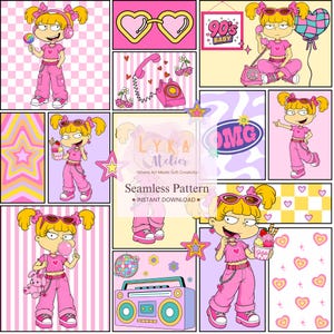 May include: A digital seamless pattern featuring a cartoon girl with blonde pigtails in a pink outfit, heart-shaped sunglasses, a boombox, a rotary phone, ice cream, and the text 90s BABY and OMG. The design includes checkered and striped backgrounds.
