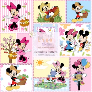 May include: A seamless pattern featuring Mickey and Minnie Mouse in various scenes. Minnie is shown with a basket, watering flowers, and riding a bicycle. Mickey is shown with a basket of vegetables and a basket of apples. The text "Seamless Pattern" is also visible.