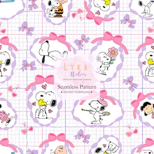 Könnte beinhalten: Nahtloses Muster mit Snoopy und seinen Freunden, rosa Schleifen, Herzen und dekorativen Rahmen. Der Hintergrund hat ein Gittermuster mit rosa und lila Linien. Der Text "LYKA Atelier" und "Seamless Pattern" ist ebenfalls sichtbar.