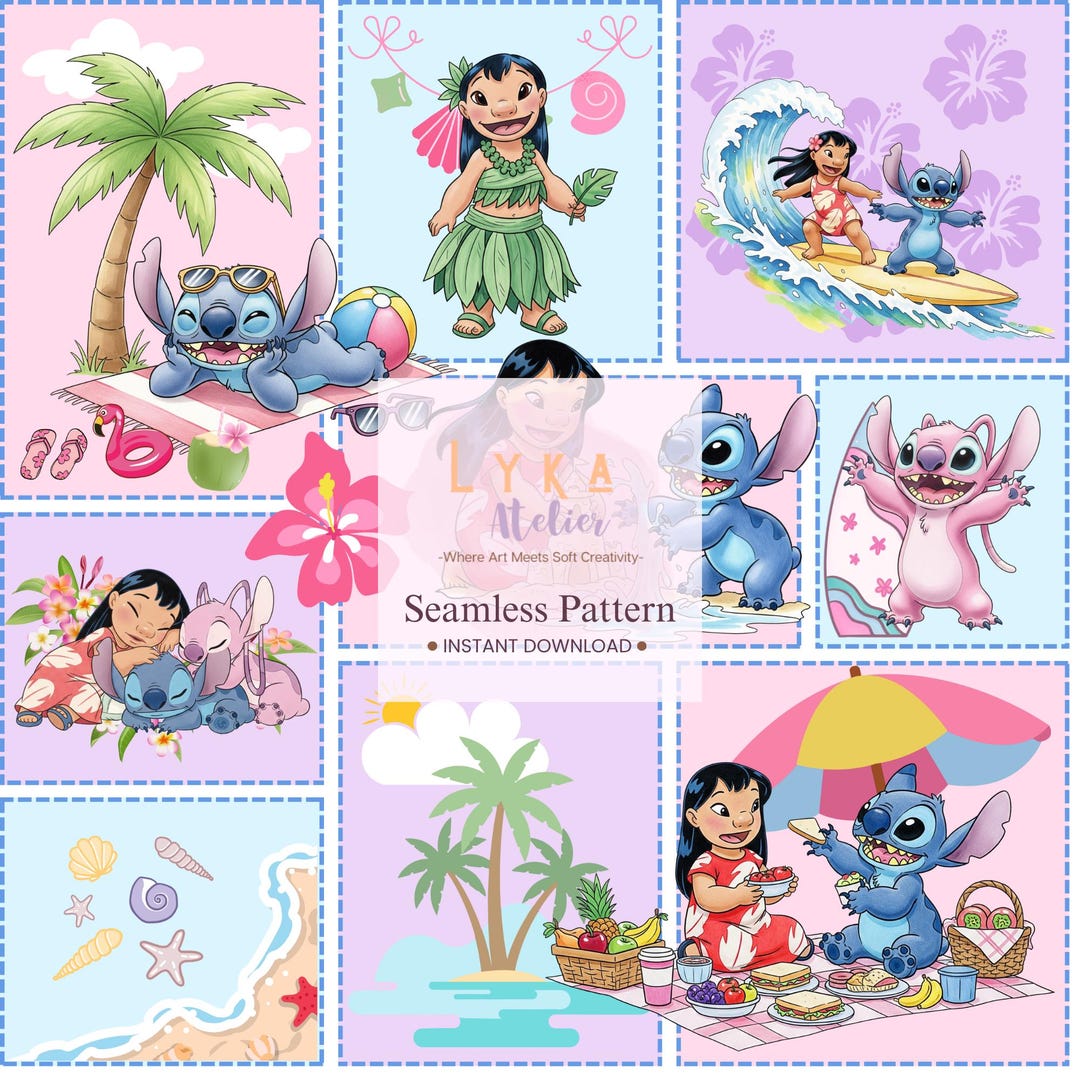 Blue Alien Beach Patchwork Seamless Pattern, Tropical Cartoon Quilt ...