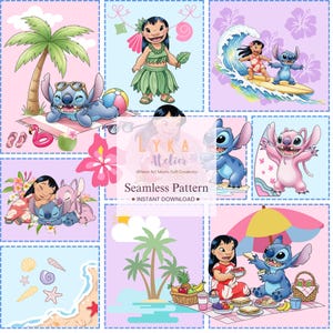 May include: Seamless pattern featuring cartoon characters on a beach theme. The design includes characters, palm trees, waves, and beach accessories. The color palette is a mix of pink, blue, and green. The text "Seamless Pattern" and "Instant Download" are also included.