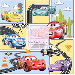May include: A seamless pattern featuring cartoon race cars in various colors, including yellow, blue, red, and purple. The design includes race tracks, checkered flags, and the text "Seamless Pattern - INSTANT DOWNLOAD."