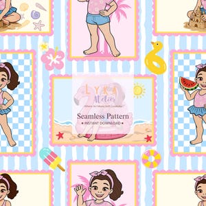 Könnte beinhalten: Nahtloses Muster mit Cartoon-Illustrationen von Mädchen am Strand. Das Design umfasst Mädchen in Badeanzügen, Strandaccessoires und den Text "Seamless Pattern" und "Instant Download" auf einem blau-weiß gestreiften Hintergrund.