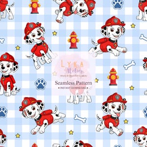 Brandmanhund sömlöst mönster, dalmatisk valp i gingham-mönster, barnrumstyg för pojkar (digital nedladdning)