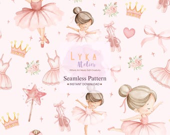 Puede incluir: Un patrón sin costuras con ilustraciones de acuarela de bailarinas con tutús rosas, zapatillas de ballet, coronas, lazos y rosas sobre un fondo rosa claro. También se ve el texto "LYKA Atelier" y "Seamless Pattern".