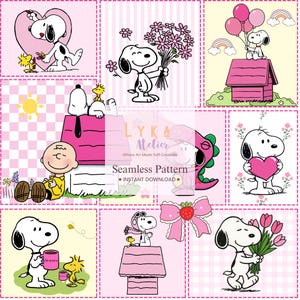 May include: A seamless pattern featuring Snoopy and Woodstock in various poses. Snoopy is shown with a heart, flowers, balloons, and a dinosaur costume. The design includes pink dog houses, a bow, and the text "Seamless Pattern - Instant Download."