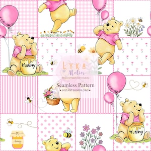 Puede incluir: Patrón sin costuras con un oso de dibujos animados con una camisa rosa, sosteniendo un tarro de miel y globos. El diseño incluye abejas, flores y la palabra "Hunny". El fondo es un mosaico de cuadrados rosas y blancos.